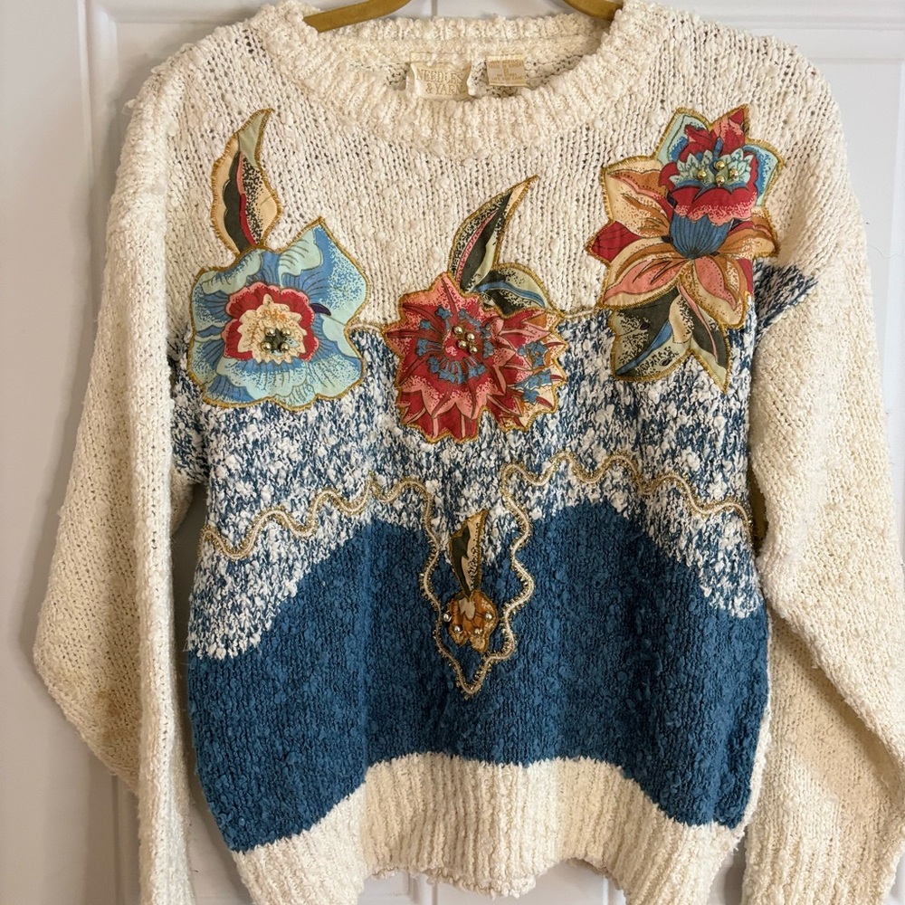 VINTAGE 80s Needles and Yarn embroidered and beaded knitted sweater size S